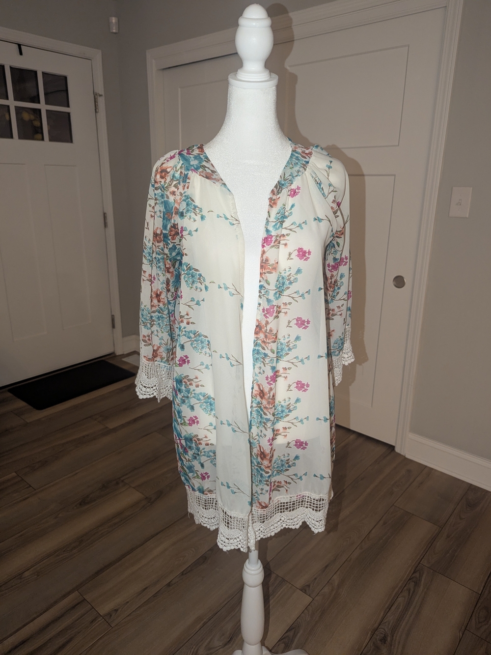 Floral Crochet-Trim Kimono Jacket - Cream with Blue & Pink